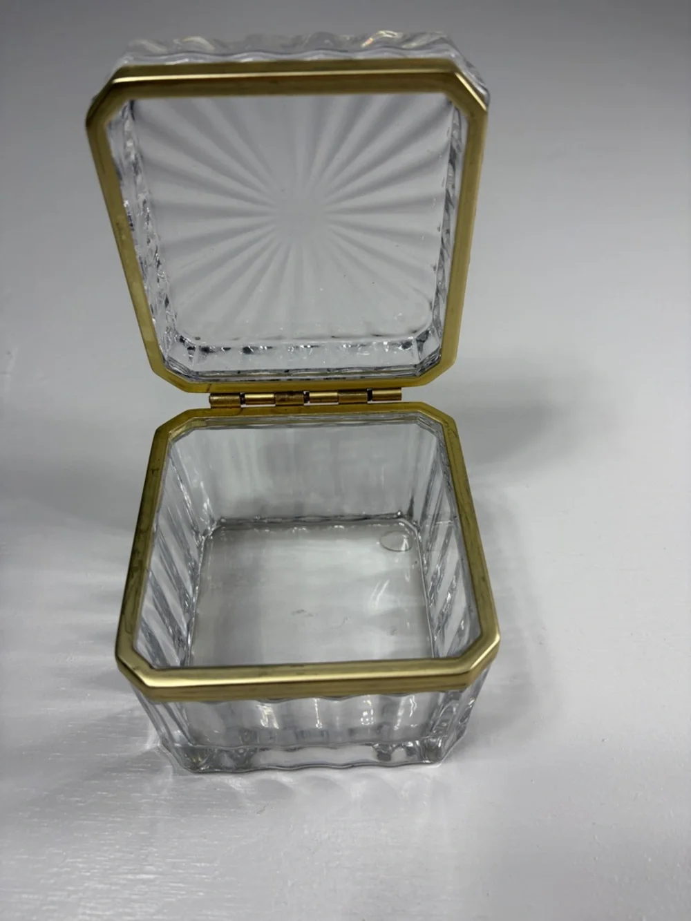 Vintage crystal jewelry casket with brass hinge 3 1/2 in. Square trinket box